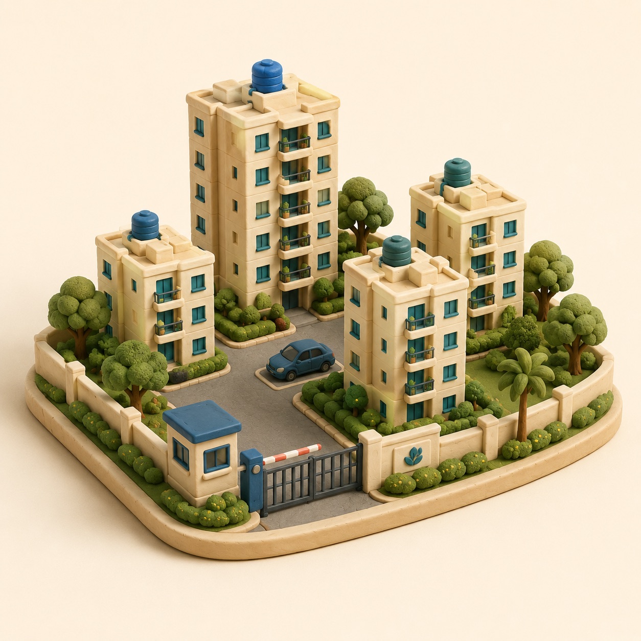 A miniature clay model of a housing society — towers, gate and guard booth