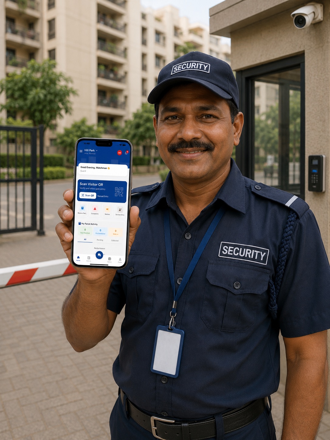A society security guard at the gate using the Neutrax guard app