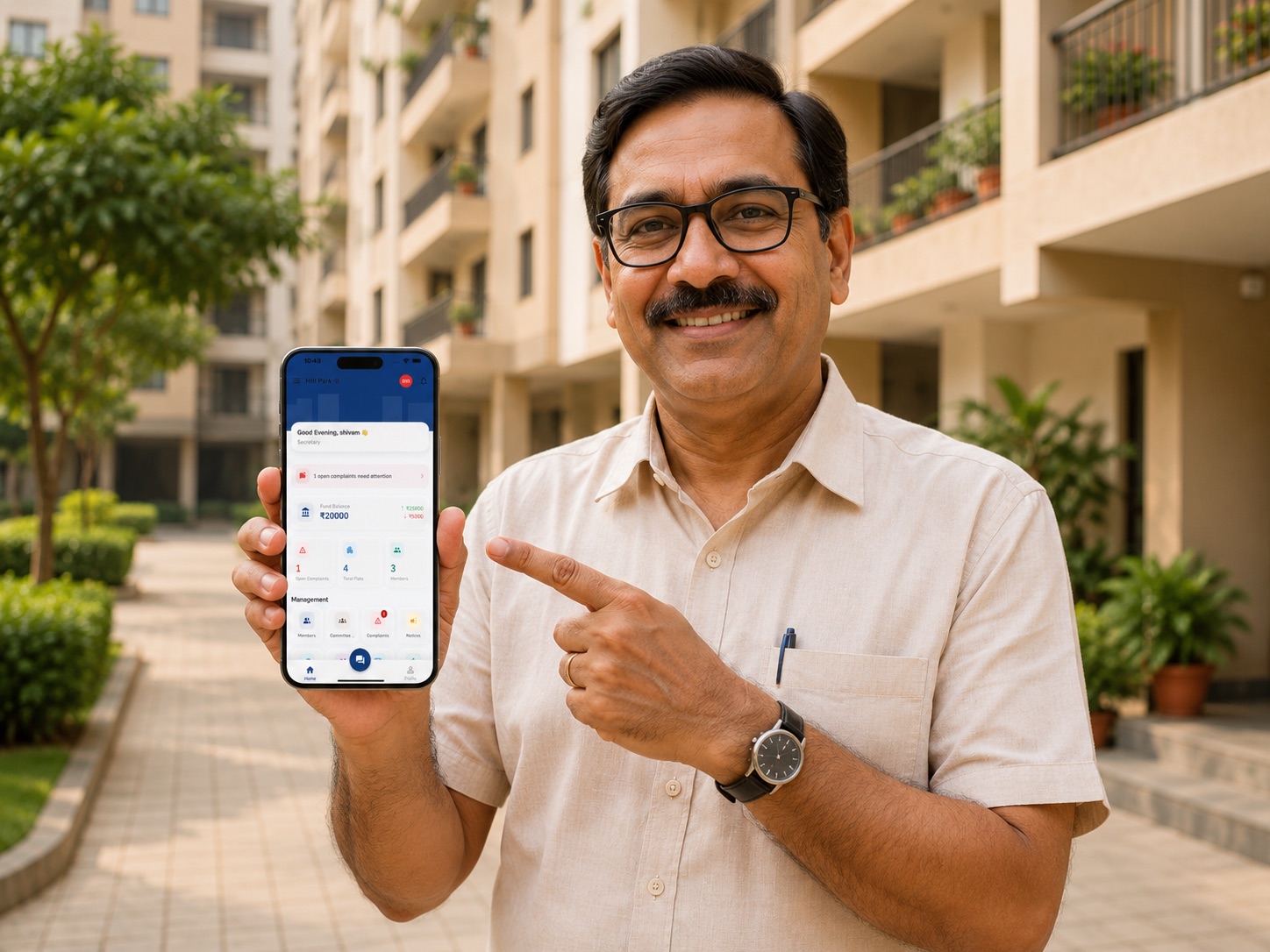 A society secretary in his apartment compound showing the Neutrax dashboard on his phone